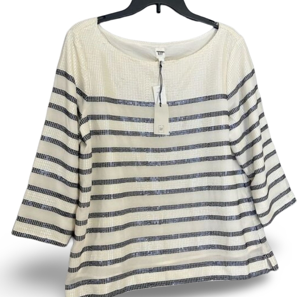NWT Gap Striped Blouse White Blue 3/4 Sleeve Womens Size Large Sequin Detail